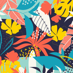 Trend abstract pattern with bright tropical leaves and plants on a dark bed background. Vector design. Jung print. Floral background. Printing and textiles.