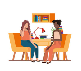 women sitting in the work office with white background