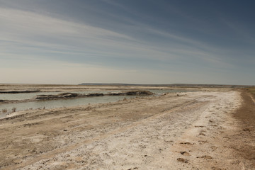 The dried-up Aral sea in summer, the water crisis on the planet and the concept of climate change