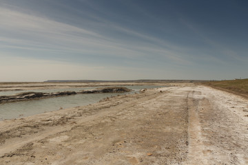The dried-up Aral sea in summer, the water crisis on the planet and the concept of climate change