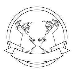 young couple students graduated celebrating in circular frame