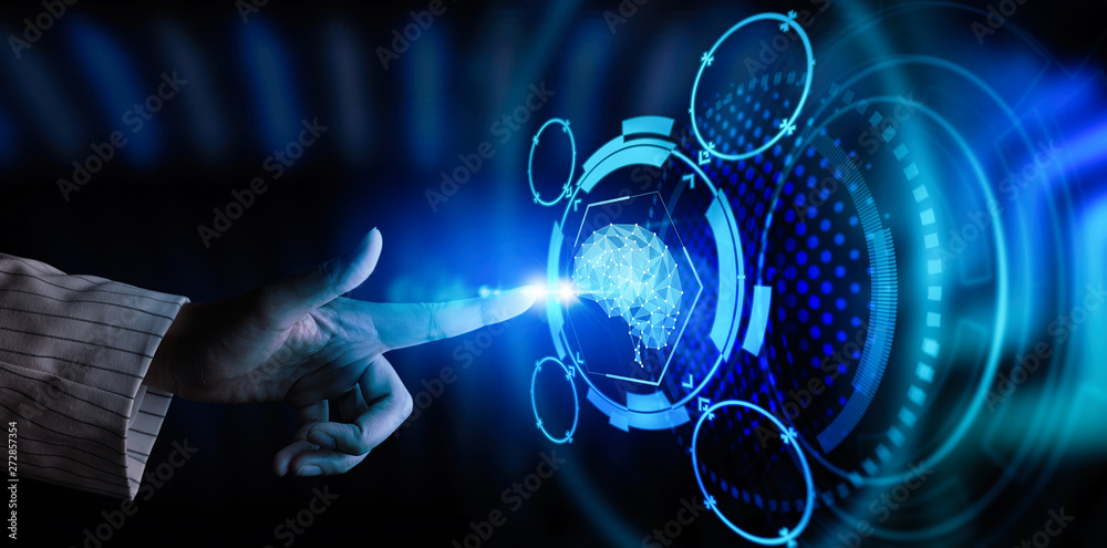 Leinwandbilder Hand touch Artificial Intelligence and Machine Learning technology to automate processes, concept with AI engineer working on electronic circuit brain neural network on virtual screen,data mining.