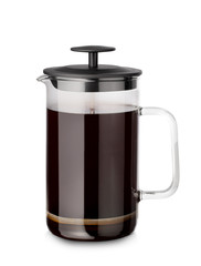 French coffee machine, glass, stainless steel, full of coffee, white background