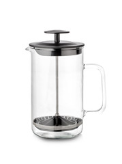 French coffee machine, glass, stainless steel, white background