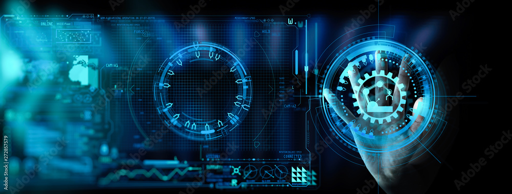 Poster Engineer hand check and control welding robotics automatic arms icon with machine in intelligent factory automotive industrial with UI monitoring system software.