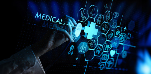 Medicine doctor touching and diagnose electronic medical record of patient on interface. DNA. Digital healthcare and network on modern virtual screen, medical technology and futuristic concept.
