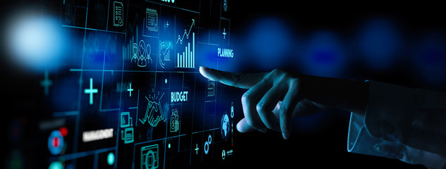 Project manager hand and management skills on computer Ui with icons of planning schedule of tasks and deliverables, budget, team work strategy.