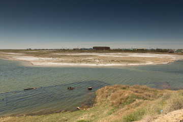 Dry fishing port on the Aral sea in the city of Aral