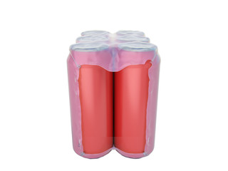 red metal cans in wrapped package 3d render on white no shadow