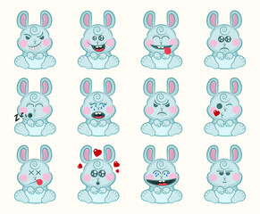 Set of cute bunny with different emotions. Character cartoon rabbit face. Avatar emoticon illustration. Bunny emoji in cartoon style. Chat icon collection. 