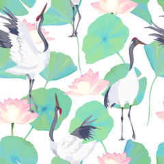 Watercolor seamless pattern with crane and flower lotus. Traditional design. Vector illustration