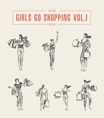 Fototapeta na wymiar Shopping girl walking bags drawn vector sketch