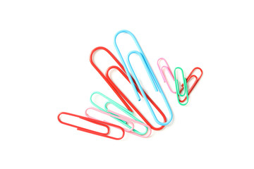 Color paper clips isolated on white background, closeup