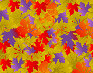 Naklejka na ściany i meble Bright background of fallen leaves red, yellow and purple.
