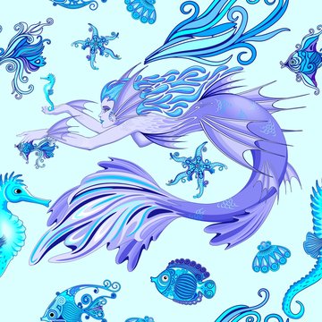 Mermaid Purple Fairy Creature Seamless Pattern Vector Textile Design