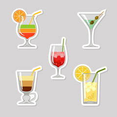 Set of stickers of cocktails with sliced fruits