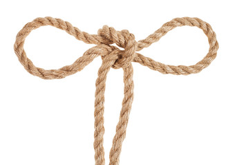 tom fool's knot tied on thick jute rope isolated