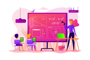 Kids studying mathematics in digital classroom with teacher, tiny people. Math lessons, digital maths laboratory, math tutoring classes concept. Vector isolated concept creative illustration. - obrazy, fototapety, plakaty