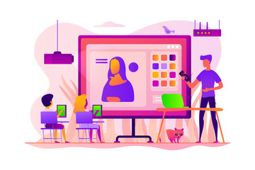 Kids learning to paint on tablets in classroom and teacher with laptop, tiny people. Art lessons, digital art studio, art education for kids concept. Vector isolated concept creative illustration.