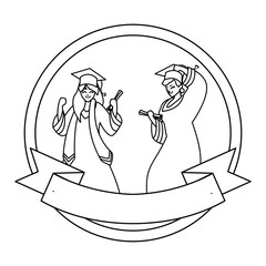 young couple students graduated celebrating in circular frame