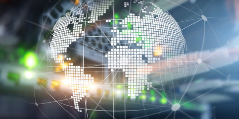 Futuristic modern data center with Holographic 3d planet earth Technology Banner. Telecommunication internet concept.