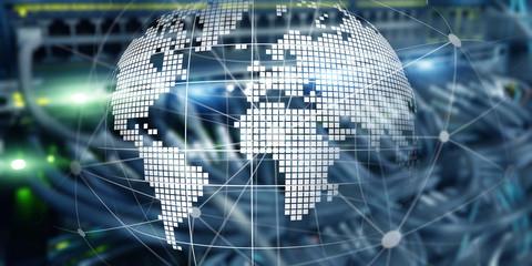 Futuristic modern data center with Holographic 3d planet earth Technology Banner. Telecommunication internet concept.