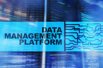 Data management and analysis platform concept on server room background.