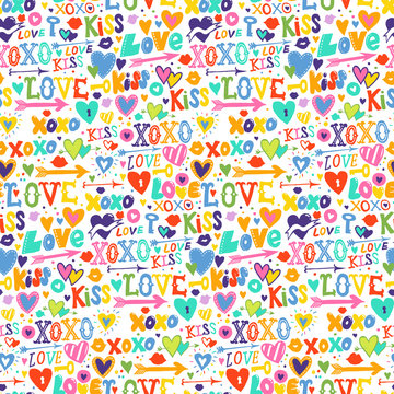 Doodle pattern with hand drawn hearts and words love