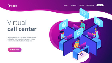 Customer service operators wearing headsets answering phones in the office. Call center, handling call system, virtual call center concept. Isometric 3D website app landing web page template