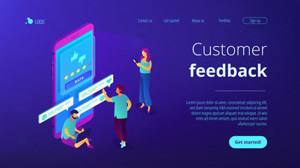Clients writing and reading feedback on mobile phone. Customer feedback, customer rating feedback, customer relationship management concept. Isometric 3D website app landing web page template