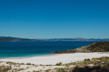 Beach landscape, Beach of Figueiras, Cies Islands. Vigo, Galicia, Spain.