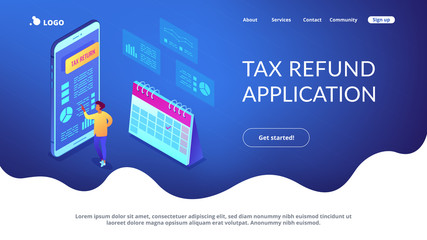 Businessman using tax return application on mobile phone. Tax return service, tax refund application, worldwide internet shopping concept. Isometric 3D website app landing web page template