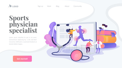 Training injuries treatment, physiotherapists helping patients. Sports medicine, sports medical services, sports physician specialist concept. Website homepage header landing web page template.