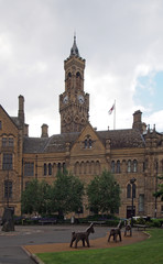 rear view of bradford city hall in west yorkshire a victorian gothic revival sandstone building with statues and clock tower behind a small park with play area