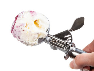 Fototapeta premium top view of disher scoop with ice cream isolated