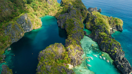 Fototapeta na wymiar El Nido, Palawan, The Philippines. Aerial view of Big Lagoon, Small Lagoon and limestone cliffs