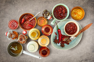 Assorted sauces, marinades and dressings for a BBQ