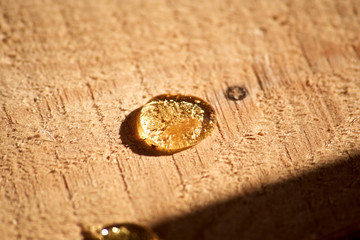Large drops of spruce resin on freshly sawn boards