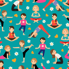 Cartoon little girls yoga seamless pattern. Kids sport vector background