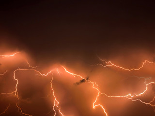 Lightning storm,  thunderstorm flash over the night sky. stormy weather -