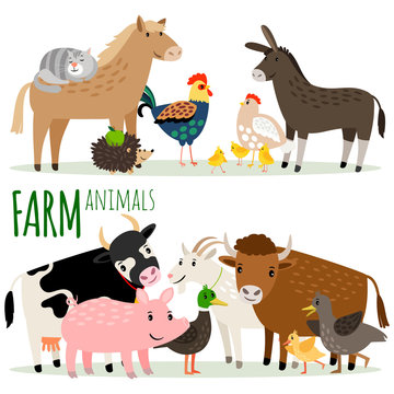 Farm animals cartoon characters vector groups isolated on white background