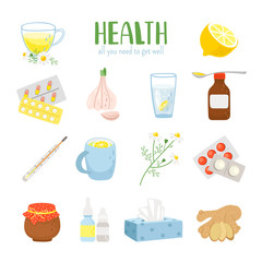 Cold remedies. Winter cold and flu health remedy set, syrup with lemon and medicine aspirine pills, medication drops and spice ginger vector icons