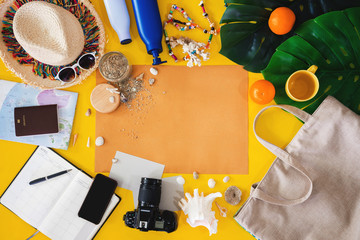 Beach outfit Accessories On bright yellow background - Summer Holiday Banner, Beach tourism concept. Summer concept, Travel nature, Travel relax, Beach Summer.