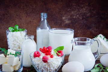 Natural dairy products and white chicken eggs