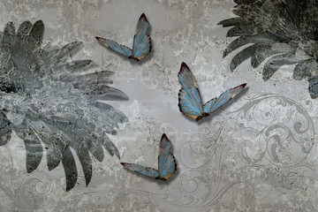 3D-Tapetentextur, Gerbera-Gänseblümchen und Schmetterlinge auf Betonwandhintergrund. Wandmalerei-Effekt. Der Fresko-Effekt.
