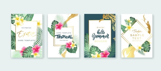 Summer card design. Save the date. Exotic tropic palm leaves and flowers. Invitation, poster, cover template. Geometric and floral frame. - obrazy, fototapety, plakaty