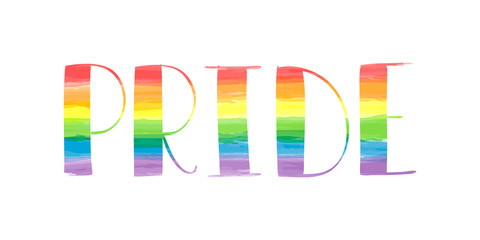 Pride hand lettering  colored in rainbow spectrum with watercolor texture. Homosexuality, LGBT rights emblem isolated on white.  Gay parade poster, placard, invitation card, t-shirt  print design.