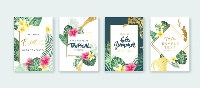Summer card design. Save the date. Exotic tropic palm leaves and flowers. Invitation, poster, cover template. Geometric and floral frame.