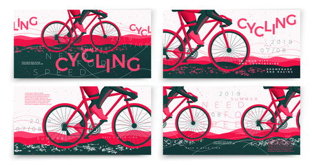 Vector typographic bicycle banners template set, with cyclist, grunge textures, and place for your texts.