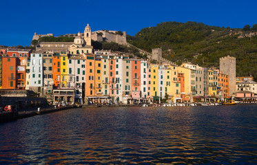 Naklejka na ściany i meble Portovenere La Spezia apartments and boats from sea view